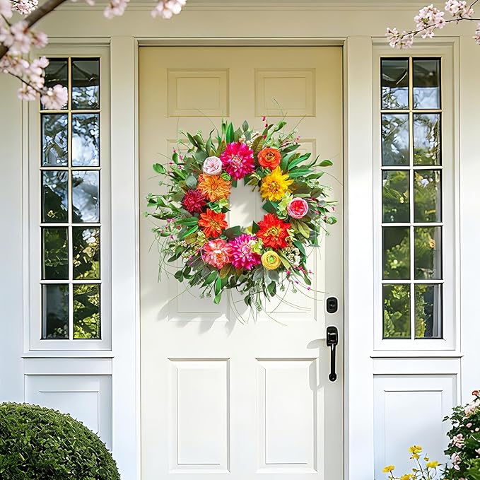 Spring Wreaths for Front Door Outside,24 Inch Summer Wreath with Peony Dahlia Rose and Greenery,Outdoor Wreath for Farmhouse Wall Porch Home Decor