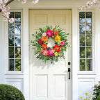 Spring Wreaths for Front Door Outside,24 Inch Summer Wreath with Peony Dahlia Rose and Greenery,Outdoor Wreath for Farmhouse Wall Porch Home Decor