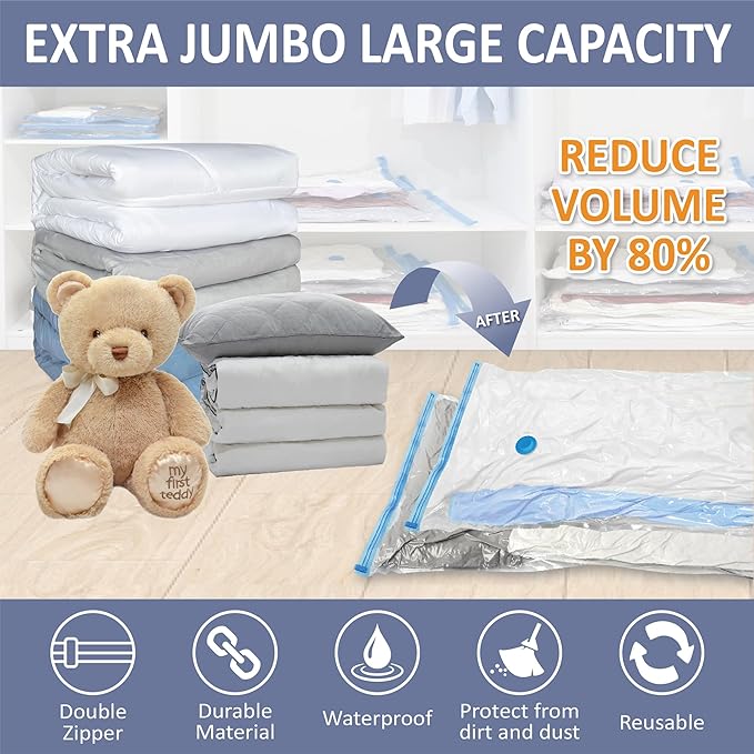 Cozy Essential Vacuum Storage Bags, Compression Space Saver Bags for Clothes, Comforters, Blankets, Pillow, Bedding, Sealer Clothing Storage,4 XXL Jumbo