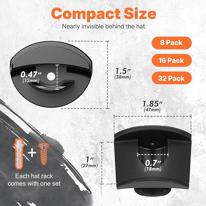HOUSE DAY Adhesive Hat Hooks for Wall 32 Pack, Strong Hat Rack for Baseball Cap Display Organizer, Hats Holder for Wall, Door, Closet, No Drilling, Black