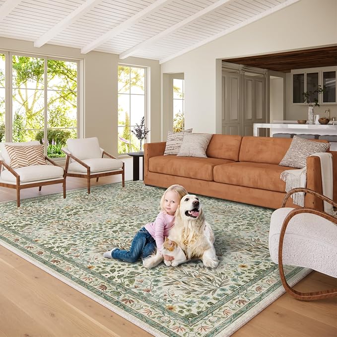 Washable Area Rug 8x10 - Vintage Floral Living Room Rug for Dining Room (Under Table), Bedroom - Stain Resistant, Soft Low Pile, Non-Slip Large Carpet