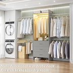 Aheaplus Closet System with Motion-Sensing Light, 3 Wooden Drawers and 4 Hanging Rods, Customizable Walk-in Closet Organizer with 3CCT LED, Heavy Duty Garment Rack for Bedroom,Grey