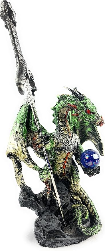 Ain't It Nice Medieval Dragon Statue with Sword and Crystal Ball - Collectible Fantasy Figurine Decor, Green 4(L) 2(W) 7(H) Inches