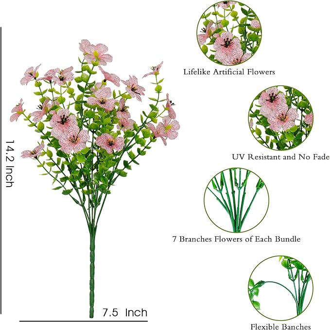 Artificial Fake Flowers Plants for Outdoors Spring Summer Decoration,Faux Flowers Plants Greenery UV Resistant Silk Daisy Realistic for Outside Planter Front Porch Patio Garden Home 16 Bundles（Pink）