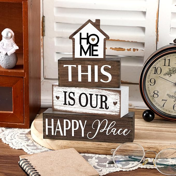 Cinnvoice 4 Pcs Farmhouse Tabletop Decor Rustic Family Blessed Home Table Centerpiece This Is Us Sign for Kitchen Shelf Desk Fireplace Mantel Tiered Tray Decor(Home This is Our Happy Place)