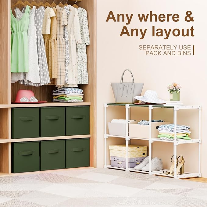 6 Cube Storage Organizer with Shelf Back to School Boxes 11 Inch Toy Storage Bins Closet Organizers Drawers Fabric Dresser for Playroom Books Bedroom Dorm Kitchen (Dark Green)