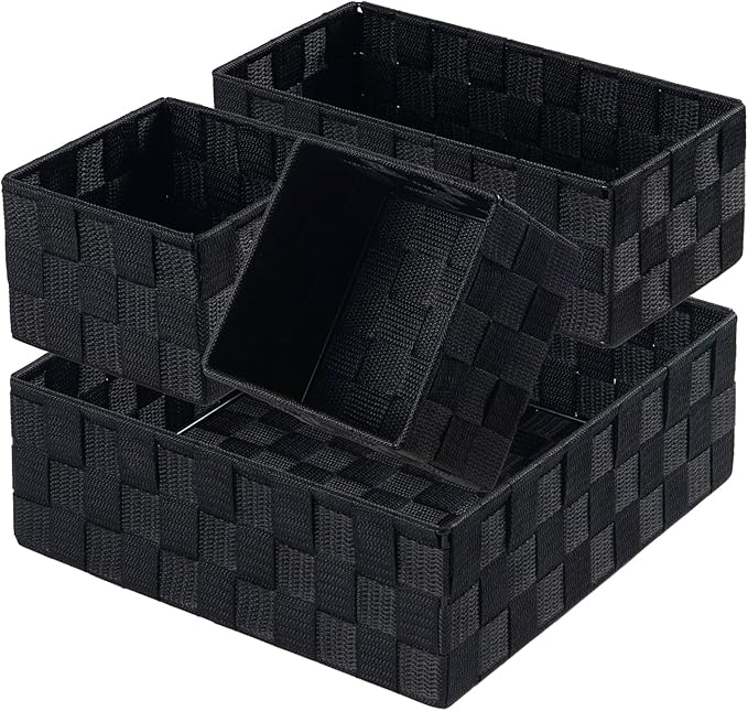 Posprica Small Black Baskets Cube Bin Container Tote,Woven Storage Baskets for Organizing Organizer Divider for Drawer, Closet, Shelf, Dresser, Set of 4