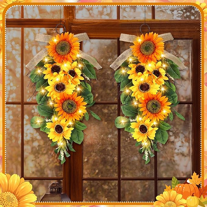 Lyrow 4 Pcs Cordless Prelit Christmas Sunflower Artificial Swags 24" Stairway Teardrop Trim Swag with Timer Christmas Staircase Decoration Battery Operated Garland for Indoor Outdoor Railing Decor