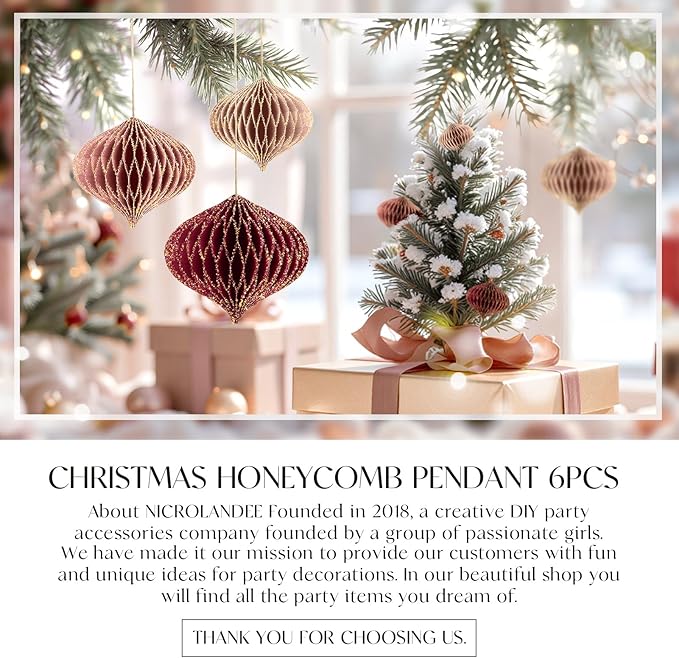 NICROLANDEE Wedding Decorations, 6 PCS Burgundy MIni Glitter Gold Edge Honeycomb Lanterns Ornaments for Christmas Tree Decoration, Xmas New Year Party, Birthday, Burgundy Bachelorette Party Decor