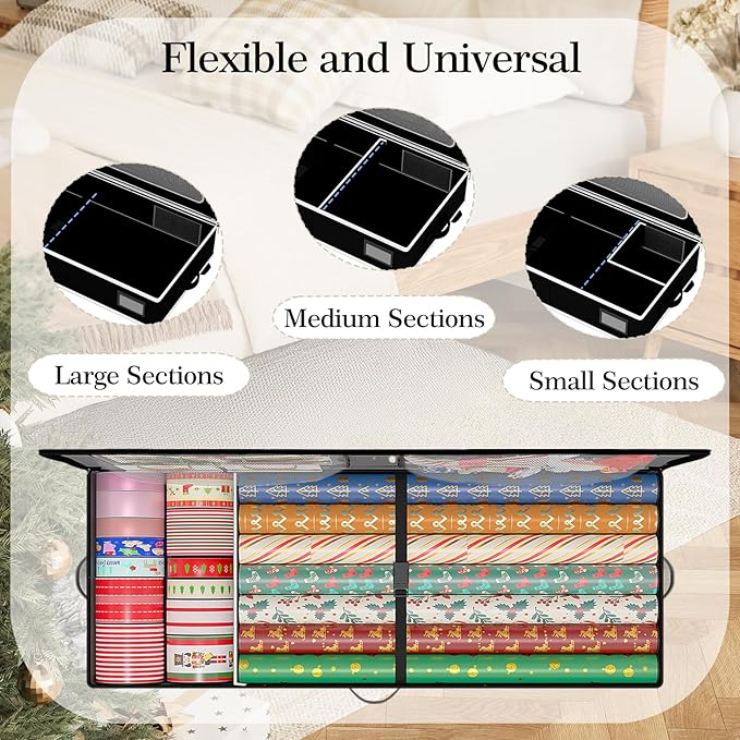 GoMaihe Wrapping Paper Storage with Wheels: Fits 41" Under-bed Gift Wrap Organizer & Container for Christmas Ribbon Accessories | Pockets & Adjustable Dividers | Easy Pull-out | Heavy-duty | Black