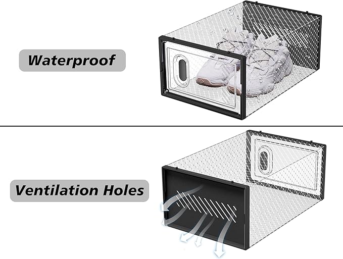 Shoe Storage, 12 Pack Shoe Organizer for Closet, Shoe Boxes Clear Plastic Stackable Shoe Containers with Lids for Size 10, Black