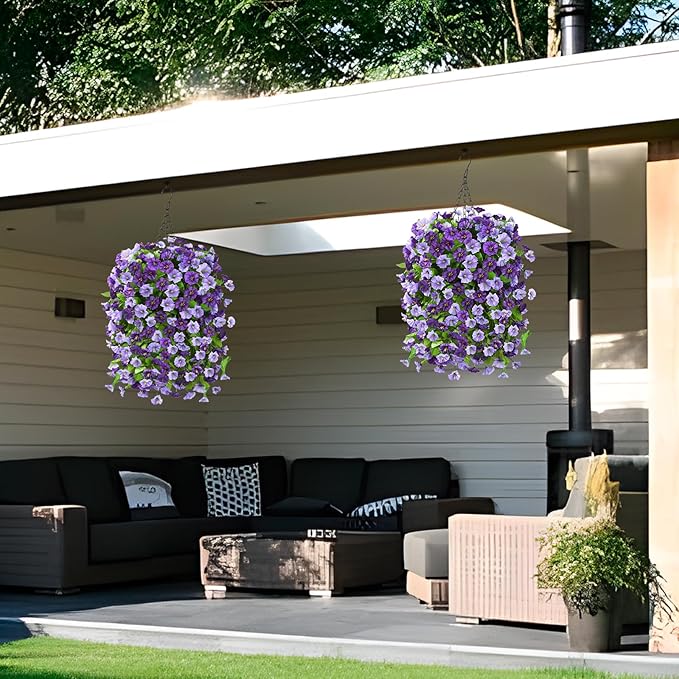 Homsunny Artificial Fake Hanging Flowers Plants Baskets for Outdoor Spring Summer Decorations,Faux Morning Glory Silk Flower for Outside UV Resistant Patio Yard Home Porch Decor(Purple)