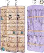 2 Pack Hanging Jewelry Organizer Storage with 39 Pockets, 30 Necklace Hooks Double Sided Wall Mount Earring Holder Organizer Bracelet Necklace Jewelry Display Hanger for Closet Door (Purple)