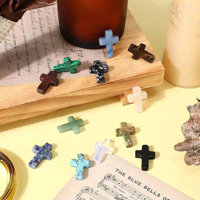 Nuenen 50 Pcs Cross Charm for Women Man Celebration Grad Decor Crystal Pocket Cross Necklace Natural Worry Stone Gift for Jewelry Making Craft Festival Decor(0.71 x 0.98 x 0.24 Inch,Fresh)