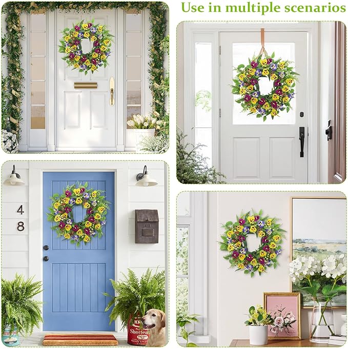 22 Inch Artificial Spring Summer Wreaths for Front Door,Pansy Flower Wreath with Eucalyptus Leaves,Berries,Ferns for Indoor Outdoor Wall Porch Festival Farmhouse Home Holiday Decor.