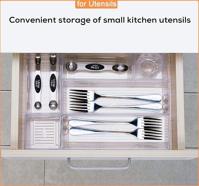 DCA 28 PCS Clear Plastic Drawer Organizers Set, 4-Size Versatile Bathroom and Vanity Drawer Organizer Trays, Storage Bins for Makeup, Bedroom, Kitchen Gadgets Utensils and Office