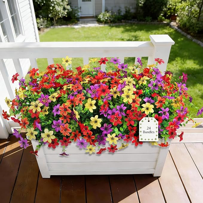 24 Bundles Artificial Flowers for Outdoors Realistic Faux Silk Flower with Eucalyptus Stem, Fake Plants UV Resistant No Fade for Outside Planter Porch Patio Yard Window Garden Spring Summer Decoration