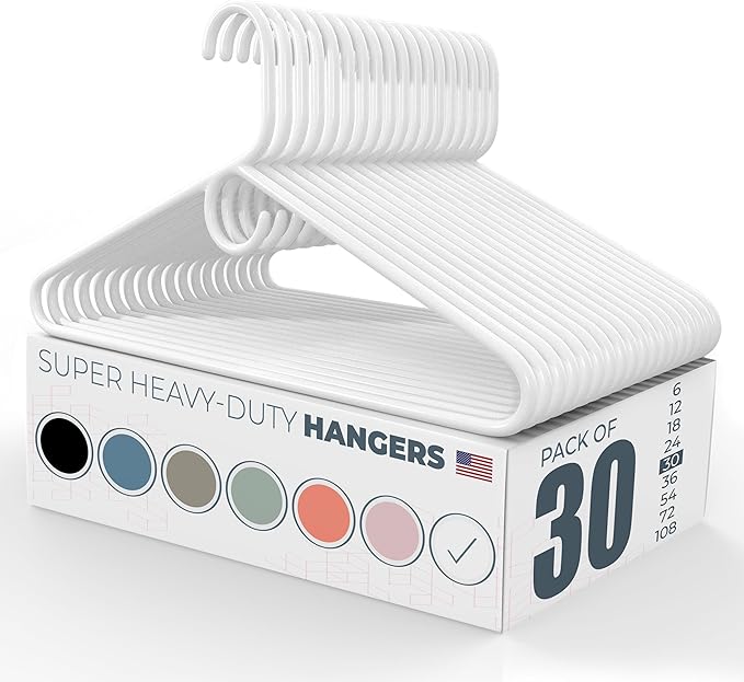 Neaties Super Heavy Duty Clothes Hangers 30 Pack – Made in the USA - 10lb Capacity, Thick Plastic Hangers for Pants, Coats, Jackets, Jeans and Adult Clothing – White