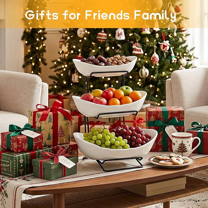 jessie 3 Tier Ceramic Fruit Basket for Kitchen Counter with Metal Stand, Fruit Bowls with Rack, Porcelain Bowls for Vegetable Bread Candy Snack Nuts Dessert Cake Tray