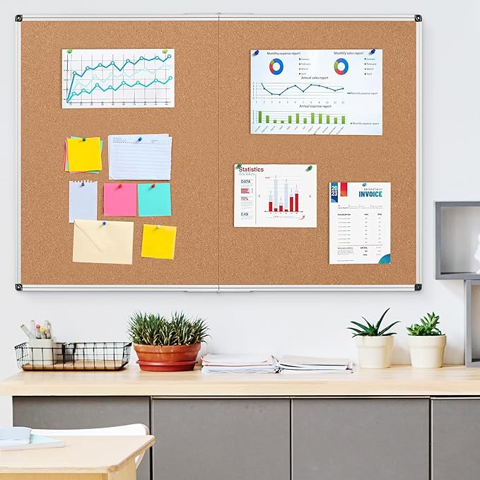 Cork Board Bulletin Board 36 x 48, Silver Aluminium Framed 4x3 Corkboard, Foldable Office Board for Wall, Large Wall Mounted Notice Pin Board with 36 Push Pins for School, Home & Office