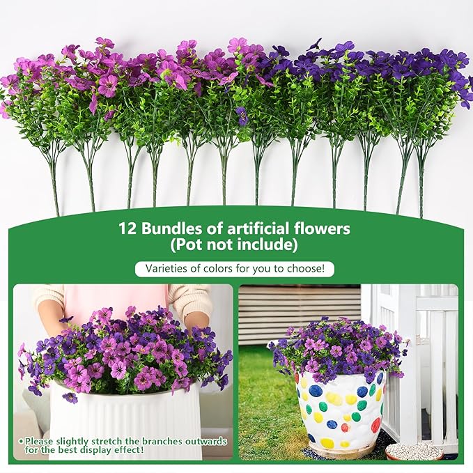 Homsunny Artificial Fake Flowers Faux Plants for Outdoors, 12 Bundles Silk Flowers Outside Spring Decor, Multicolor Faux Daisy Eucalyptus Realistic UV Resisitant for Planter Front Porch Garden Patio