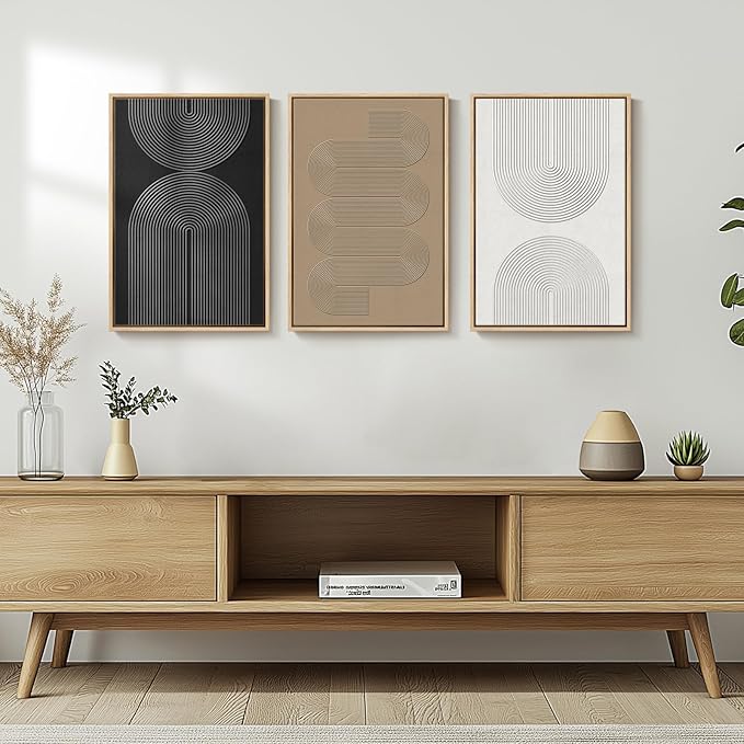 Framed Black and White Brown Abstract Wall Art, 3 Piece Boho Geometric Canvas Prints Paintings Artwork for Walls, Modern Minimalist Neutral Pictures for Living Room Dining Room Bedroom Wall Decor 16x24 In
