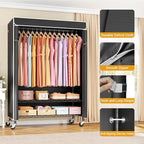 P6C Plus Rolling Clothes Rack with Cover, Covered Clothing Rack Heavy Duty, Portable Closet for Hanging Clothes, Garment Rack on Wheels, Black Closet Rack with Black Cover, Max Load 375LBS