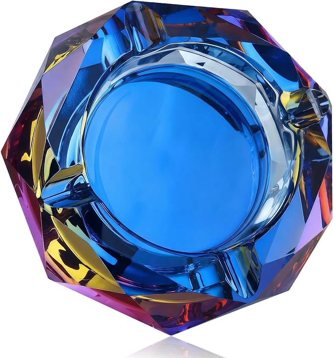 Coomin 5.9in Large Crystal Glass Ash Tray, Sparkly Cigarettes Cigar Ashtray, Ashtrays for Smokers Indoor Office Home Desktop Tabletop, Unique Luxury Gifts for Men, Blue