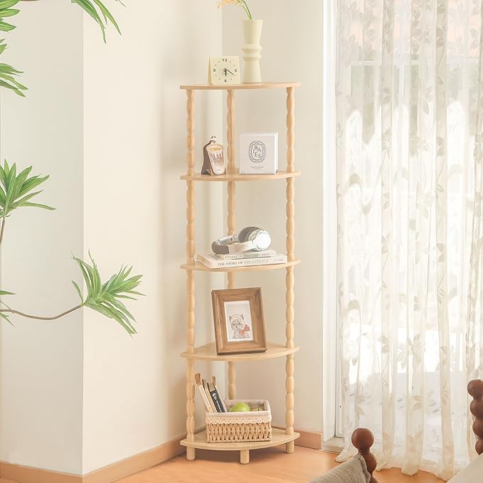 MaxSmeo Corner Shelf, 5-Tier Corner Bookshelf for Small Spaces, Stylish Corner Storage Display Shelves for Bedroom, Bathroom, Kitchen, Living Room (Natural)