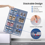 eWonLife Large Shoe Organizer Storage Box with Magnetic Door,12 Pack Clear Plastic Stackable Sneaker Containers for Closet, Connect Left and Right Shoe Box for Entryway, Drop Front, Under Bed (Blue)
