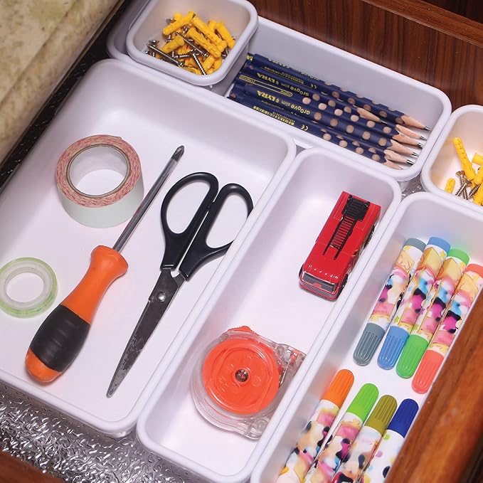 42 Pack Interlocking Desk Drawer Organizer Tray Dividers Plastic Shallow Narrow Drawers Organizers Separators Storage Bins Container for Kitchen Bathroom Makeup Office Vanity Dresser White