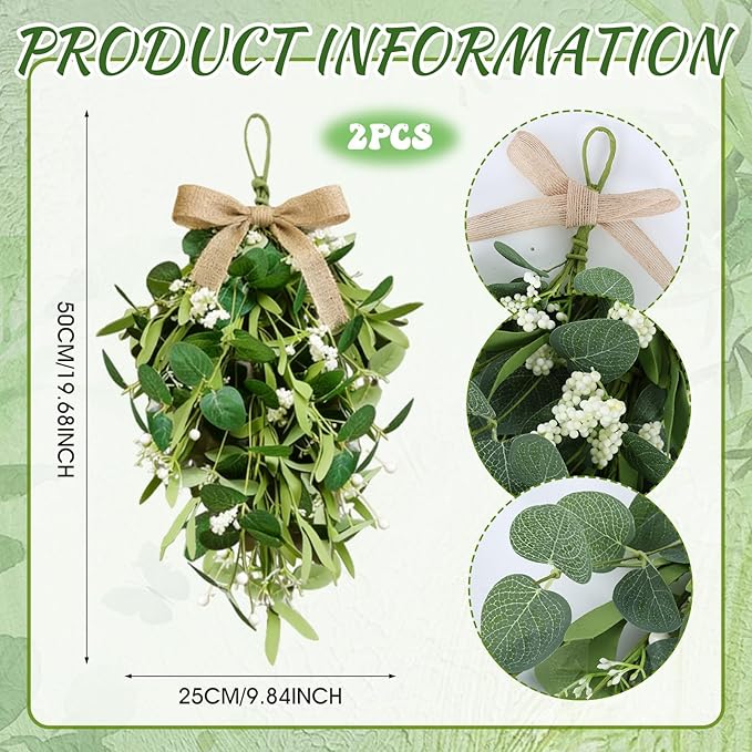 2 PCS 24'' Eucalyptus Teardrop Swag Wreaths Spring Summer Greenery Teardrop Swags for Front Door Artificial Farmhouse Green Hanging Swags with Berry Ribbon for Wedding Porch Wall Window Cabinet Decor