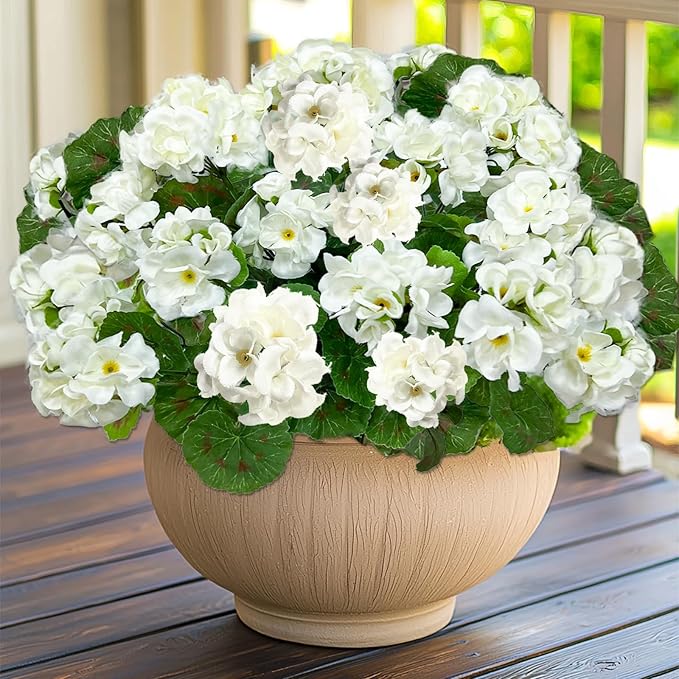 Artificial Geraniums Flowers for Outdoors Spring Decor, 4 Bundles UV Resistant Fake Geraniums Flowers Silk Faux Plants for Home Planter Gardens Table Patio Porch Indoor Cemetery Summer Decor(White)