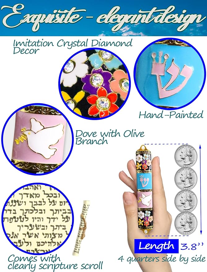Exquisite Enamel Design Mezuzah with Scroll, Easy Install Use Double-Sided Tape, Dove with an Olive Branch Theme Mezuzah for Door with Crystal Diamond Accent for Any Jewish Occasions, 3.8”