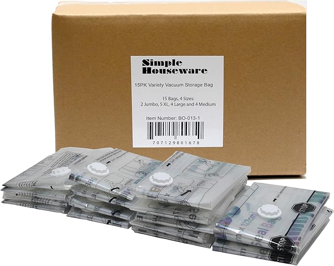 Simple Houseware 15-Pack Vacuum Storage Space Saver for Bedding, Pillows, Towel, Blanket, Clothes Bags (2-Jumbo, 5-XL, 4-L, 4-M)