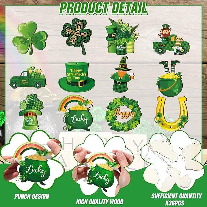 Sintuff 36 Pieces St. Patricks Day Decorations Wooden Shamrock Ornaments for Tree St Patricks Day Ornaments Irish Hanging Decorations for Party