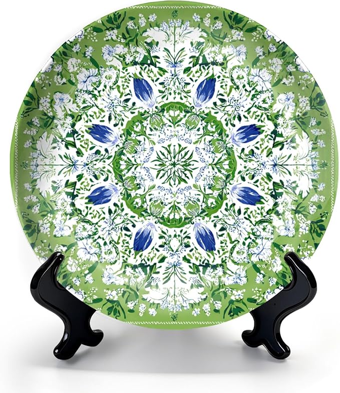 HABEN ARTWORK 10" Ceramic Plates for Display Green Floral Mandala White Blue Flowers Botanical Style Decorative Plate with Stand and Hook for Kitchen Dining Room Wall Hanging Decor