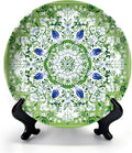 HABEN ARTWORK 10" Ceramic Plates for Display Green Floral Mandala White Blue Flowers Botanical Style Decorative Plate with Stand and Hook for Kitchen Dining Room Wall Hanging Decor