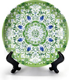 HABEN ARTWORK 10" Ceramic Plates for Display Green Floral Mandala White Blue Flowers Botanical Style Decorative Plate with Stand and Hook for Kitchen Dining Room Wall Hanging Decor