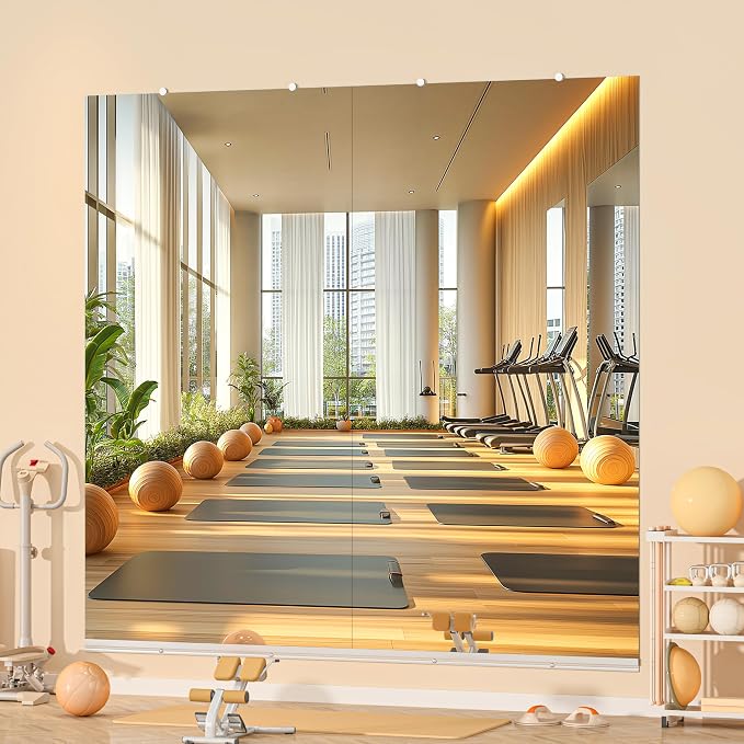 Hasipu Home Gym Mirror, 83"x40" Each, 2-Pack Frameless Wall Mounted Mirrors with Glass Clamps & 1 Aluminum Rail, Large Body Mirror for Home Gym, Yoga Studio, Bedroom, Silver Tempered Glass