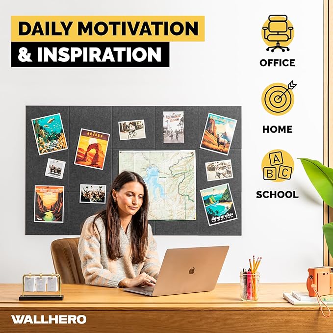 WALLHERO Cork Boards for Office, Dart Board Wall Protector, 59"x36" | 15 Pack | Black Bulletin Board, Cork Board, Cork Board Squares, Homasote Board, Bulletin Board Tiles (Gray Black)