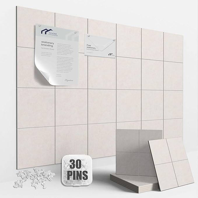 Large Felt Cork Board Alternative - 36" x 24" Bulletin Board with 30 Pushpins, 6 Pack Adhesive Cork Board, Sound Absorbing Fabric Wall Tiles, for Office Home Music Class, Warm White
