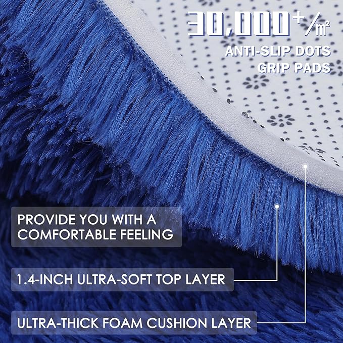 OLANLY Navy Blue Round Rugs for Bedroom - Machine Washable, 5 ft Circle Area Rugs for Living Room, Soft and Fluffy Shaggy Carpet for Teen Girls and Boys, Nursery Rooms, Dorms, Home Decor Aesthetic