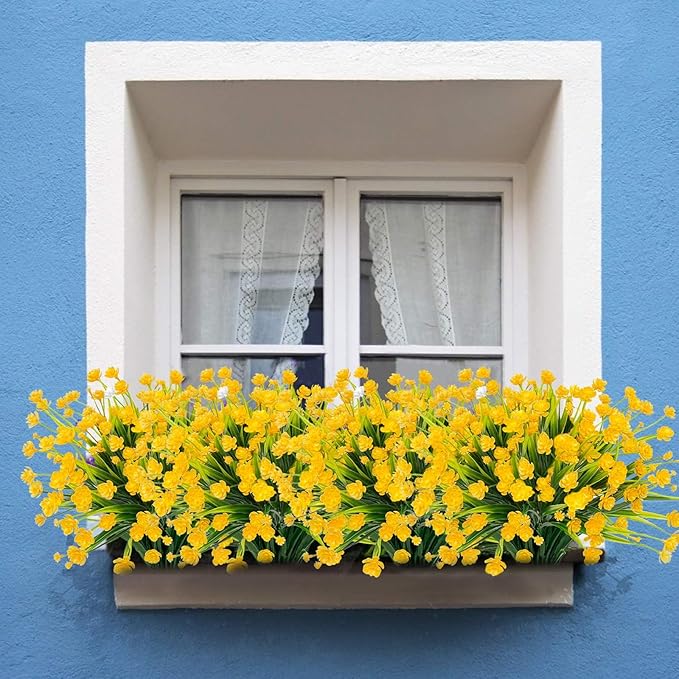 TURNMEON 12 Bundles Artificial Flowers for Outdoors Spring Decor, Realistic UV Resistant Fake Plants Faux Plastic Flowers for Outside Planter Home Gardens Porch Yards Cemetery Summer Decor(Yellow)