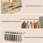 Closet System Set of 2, 5.7-10.4FT Closet Organizer System with 6 Wood Drawers & LED Glasstop, Wood Walk-in Closet with 10 Hanging Rods & 2 Trouser Rack, Built-in Garment Rack with Shelves, White Oak