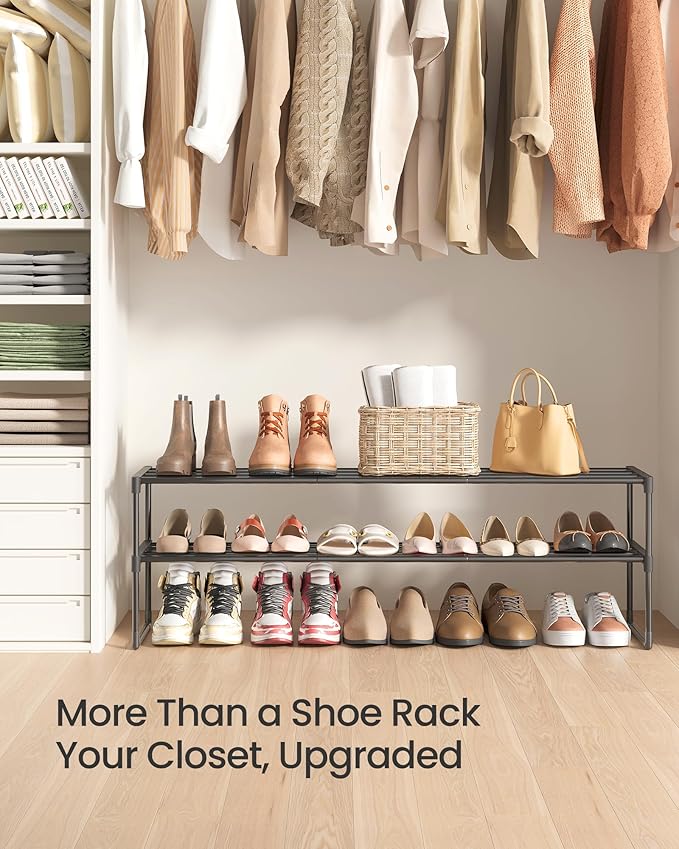 SONGMICS Shoe Rack, 2-Tier Shoe Organizer, Metal Storage Shelf, Upright or Upside Down, for 15-18 Pairs, Stackable, for Entryway, 11.8 x 46.1 x 14.6 Inches, Black ULSA032B01