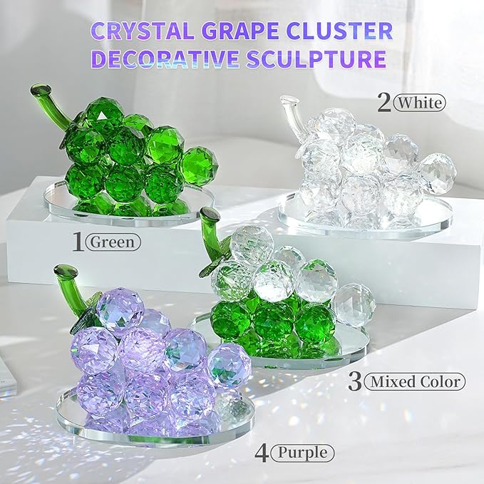 Grape Cluster Crystal Decor Sculpture, Sparkling High-Transparency Faceted Design, High-End Crystal with Mirror Base, Elegant Home/Office Display, Gift for Collectors & Fruit Lovers (Mixed Color)