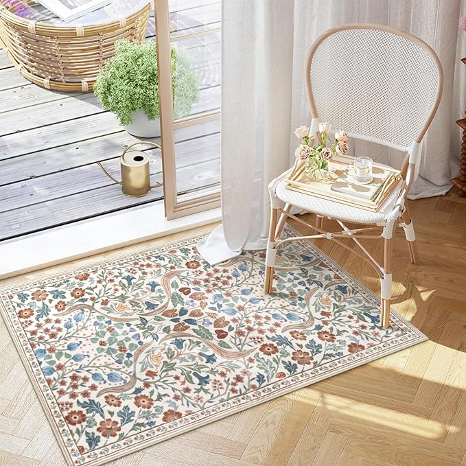 Moynesa Floral 2x3 Rugs for Entryway, Washable Kitchen Rug Non Slip Small Bathroom Throw Rug, Boho Flower Soft Ultra Thin Indoor Front Door Mat for Laundry Bedroom Entry, Beige