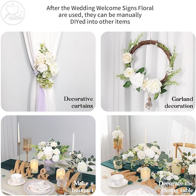 Odouzy Artificial Wedding Arch Flowers for Wedding Sign,Set of 2 for Wedding Welcome Ceremony Sign,Faux Floral Swags,Wedding, Banquet and Reception Backdrop Floral Decoration (White)