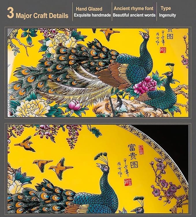 LIYAOLI Decorative Plates for Display,2024 Chinese Classical Colorful Peacock Birds and Peony Flowers Plate Decor Handmade Art Decor for Display Living Room Table
